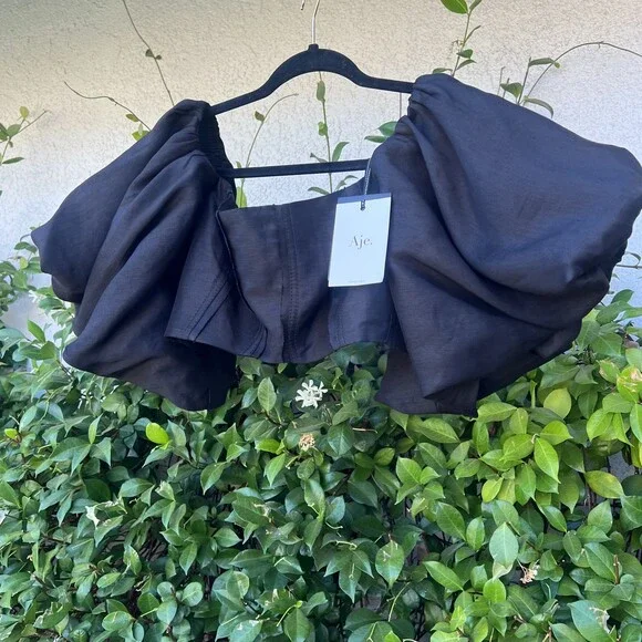 Aje Eugene Off The Shoulder Crop Top Black Puff Sleeves Size 16 US 12 Large NWT - Picture 3 of 8